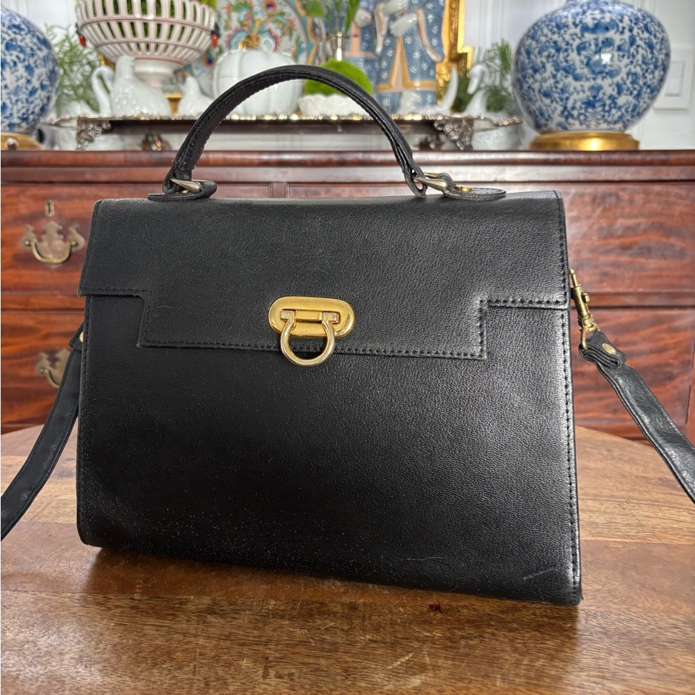 Vintage black faux leather Kelly box bag top handle gold hardware shoulder strap